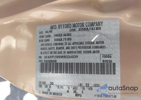 1998 Ford Escort Se from USA, damaged, VIN 3FAFP15P0WR234039